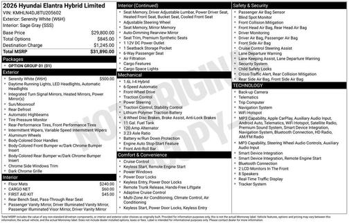 Serenity White 2026 Hyundai ELANTRA HEV Limited