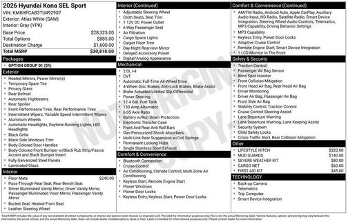 Atlas White 2026 Hyundai KONA SEL Sport