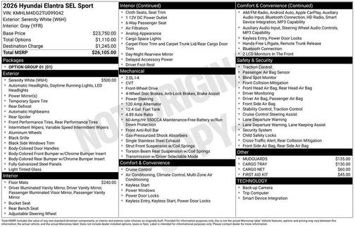 Serenity White 2026 Hyundai ELANTRA Sport
