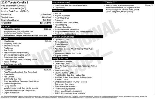 Super White 2013 Toyota Corolla S