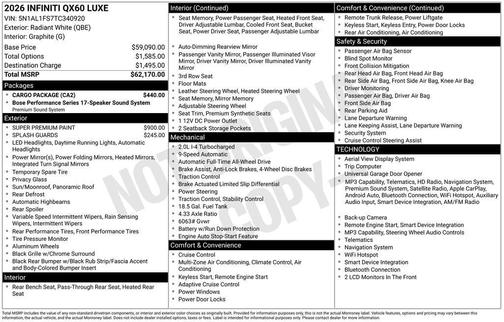 Radiant White 2026 INFINITI QX60 LUXE AWD