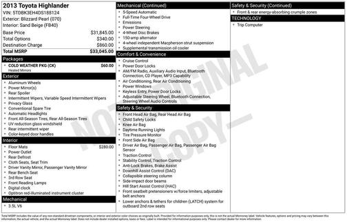 Blizzard Pearl 2013 Toyota Highlander SE