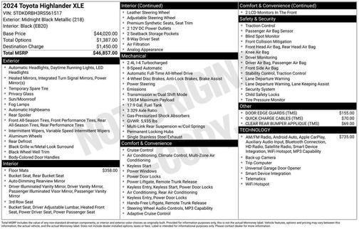 Midnight Black Metallic 2024 Toyota Highlander XLE