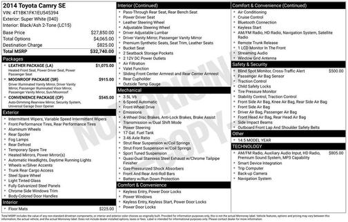 Super White 2014 Toyota Camry SE