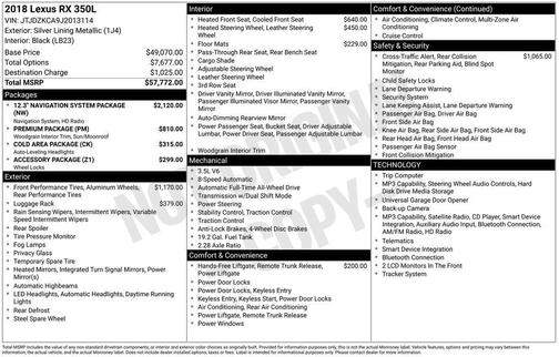 Silver Lining Metallic 2018 Lexus RX 350L Premium