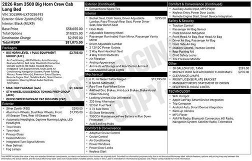 Silver Zynith 2026 RAM 3500 Big Horn Crew Cab 4x4 8' Box