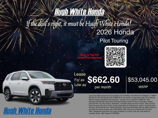 Platinum White Pearl 2026 Honda Pilot Touring 8-Passenger