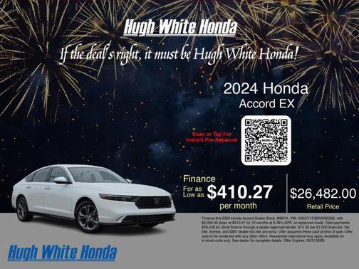 Platinum White Pearl 2024 Honda Accord EX