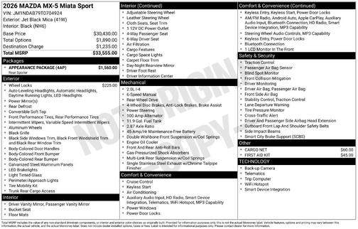 Jet Black Mica 2026 Mazda MX-5 Miata Sport