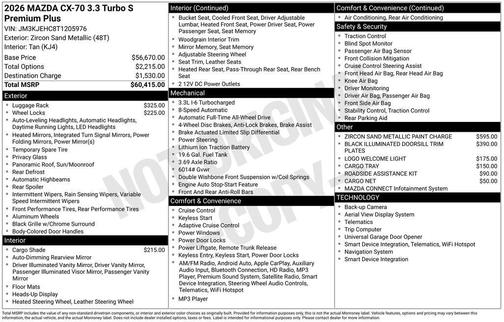 Zircon Sand Metallic 2026 Mazda CX-70 3.3 Turbo S Premium Plus Package