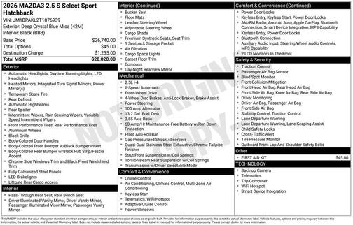 Deep Crystal Blue Mica 2026 Mazda Mazda3 FWD w/Select Package