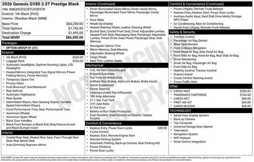 2026 Genesis GV80 3.5T Prestige Black