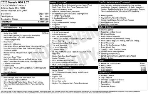 2026 Genesis G70 2.5T Standard