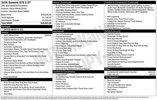 2026 Genesis G70 2.5T Standard