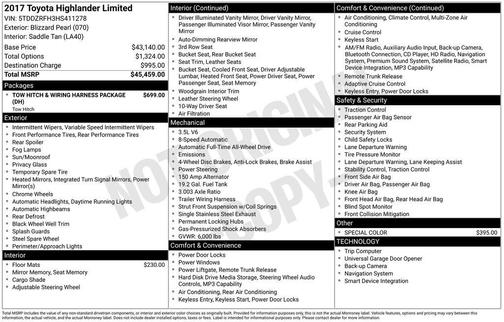 Blizzard Pearl 2017 Toyota Highlander Limited