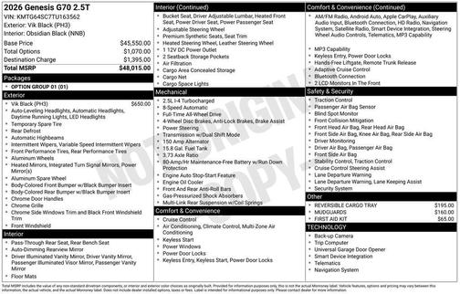 2026 Genesis G70 2.5T Standard
