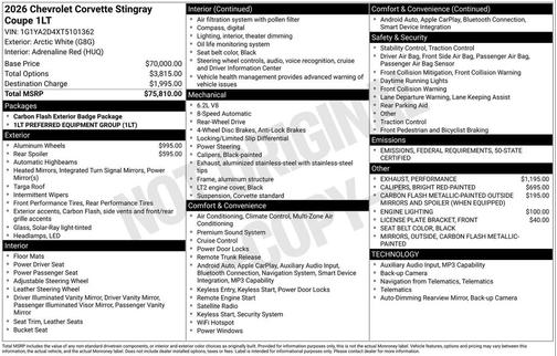 2026 Chevrolet Corvette Stingray w/1LT