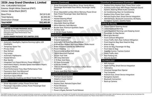 Bright White Clearcoat 2026 Jeep Grand Cherokee L Limited