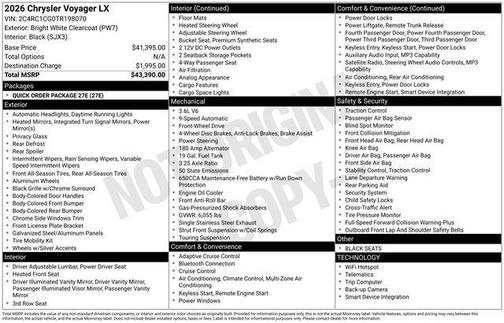 Bright White Clearcoat 2026 Chrysler Voyager LX