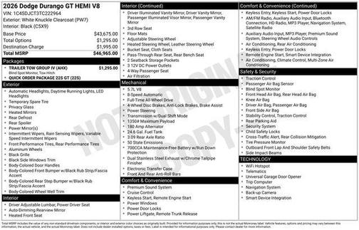 White Knuckle Clearcoat 2026 Dodge Durango GT HEMI V8 AWD