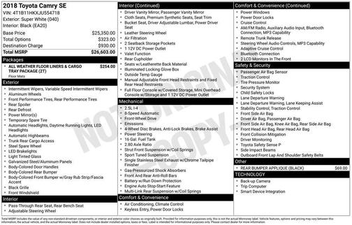 Super White 2018 Toyota Camry SE