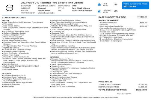 Silver Dawn Metallic 2023 Volvo C40 Recharge Pure Electric Twin Ultimate