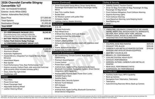 2026 Chevrolet Corvette Stingray w/1LT