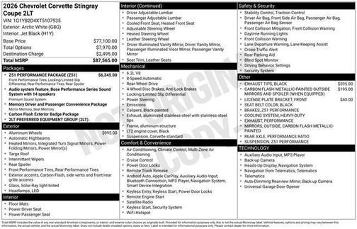 2026 Chevrolet Corvette Stingray w/2LT