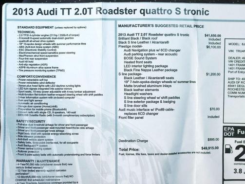 2013 Audi TT 2dr Roadster S tronic quattro 2.0T Prestige