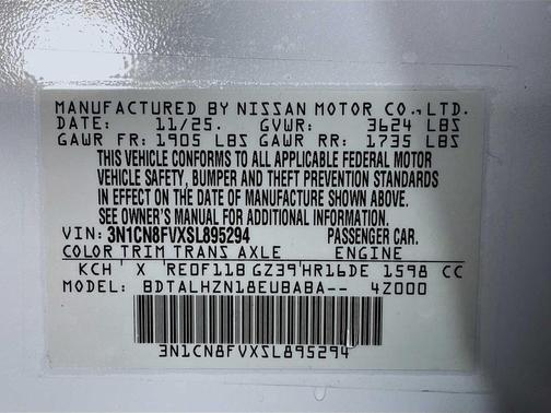 Gray Sky Pearl 2025 Nissan Versa 1.6 S