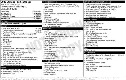 Silver Mist Clearcoat 2026 Chrysler Pacifica Select