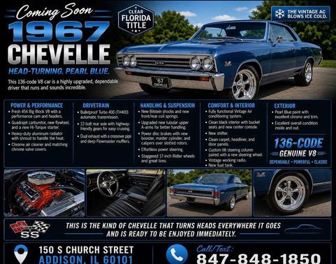 Blue 1967 Chevrolet Chevelle BIG BLOCK 454 - 12 BOLT - AC - DUAL EXHAUST