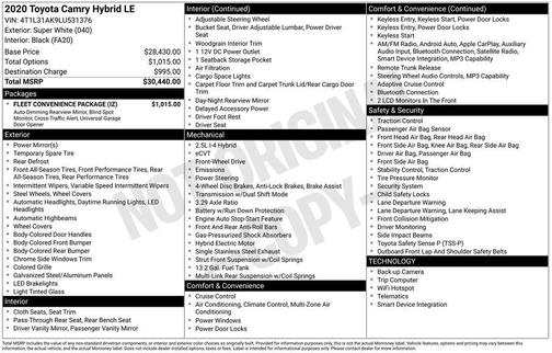 Super White 2020 Toyota Camry Hybrid LE