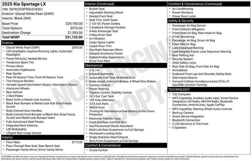 Glacial White Pearl 2025 Kia Sportage LX