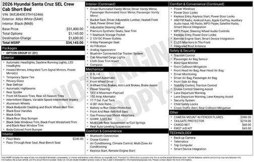White 2026 Hyundai SANTA CRUZ SEL
