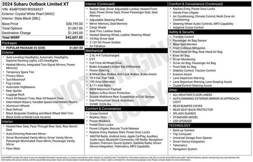 Crystal White Pearl 2024 Subaru Outback Limited XT