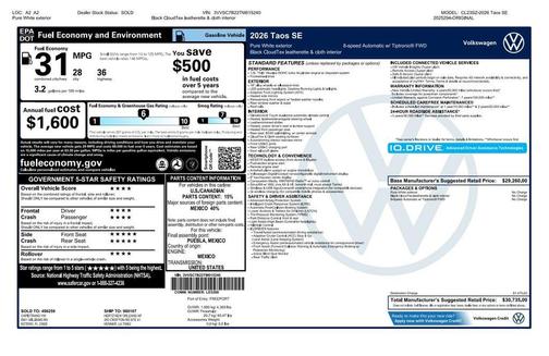 White 2026 Volkswagen Taos 1.5T SE