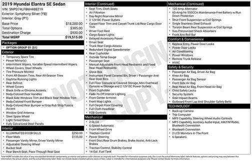 Symphony Silver 2019 Hyundai ELANTRA SE