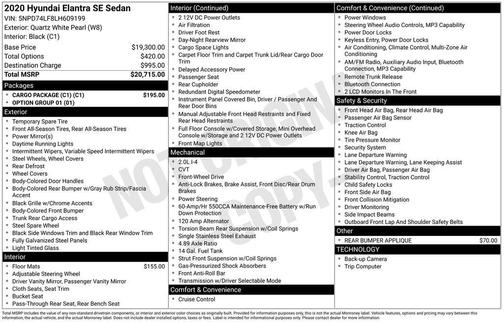 Quartz White Pearl 2020 Hyundai ELANTRA SE