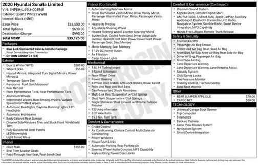 Quartz White 2020 Hyundai SONATA Limited