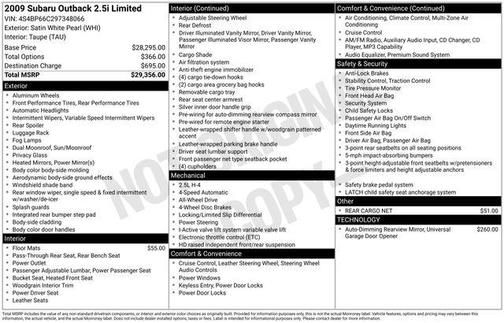 Satin White Pearl 2009 Subaru Outback 2.5 i Limited