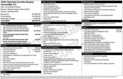 2026 Chevrolet Corvette Stingray w/1LT
