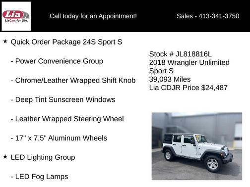 Bright White Clearcoat 2018 Jeep Wrangler JK Unlimited Sport