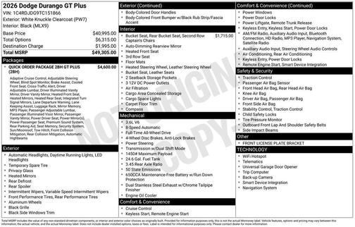 White Knuckle Clearcoat 2026 Dodge Durango GT Plus