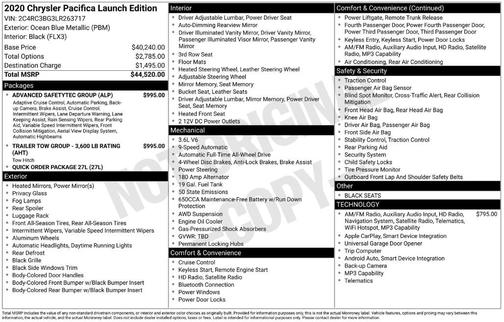 Ocean Blue Metallic 2020 Chrysler Pacifica Launch Edition