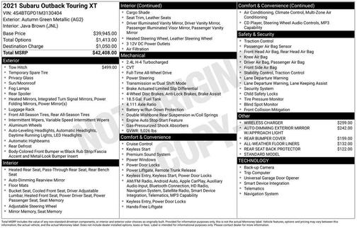 Autumn Green Metallic 2021 Subaru Outback Touring XT