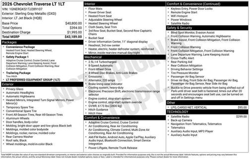 Sterling Gray Metallic 2026 Chevrolet Traverse LT