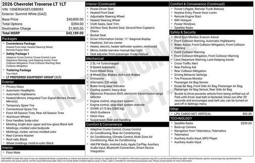 Summit White 2026 Chevrolet Traverse LT