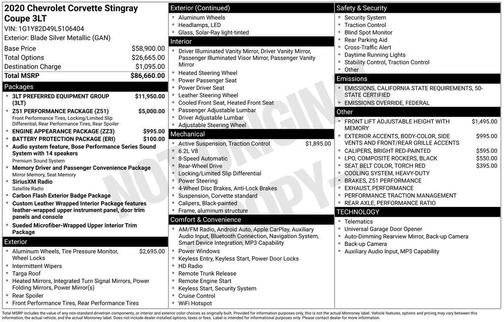 2020 Chevrolet Corvette Stingray w/3LT