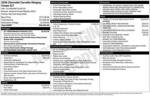 2026 Chevrolet Corvette Stingray w/2LT